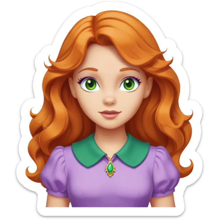 daphne blake long orange wavy hair, green eyes and cute lilac dress with green collar from scooby doo  sticker