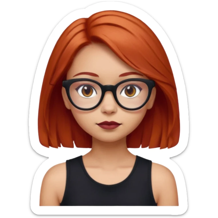 iPhone emoji of a girl with light red hair, shoulder-length hair, a small mole above her eyebrows, wearing a black sleeveless top, and subtle dark maroon cat-eye glasses. sticker
