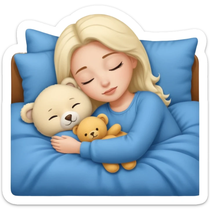 single-girl-in-Warm Cream-cozy-blue-bed-sleeping-pretty-eyelashes-light-skin-with toy sticker