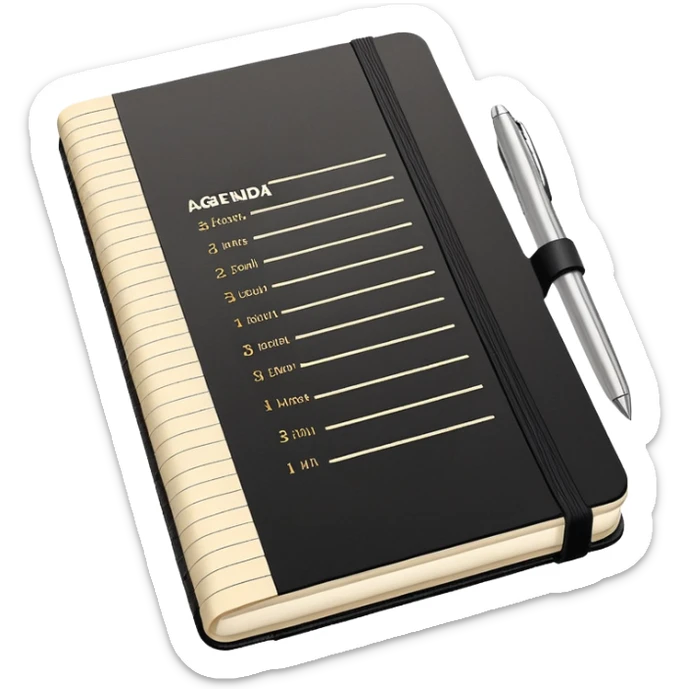 A detailed black Moleskine notebook open flat showing an agenda page with bullet points and a meeting schedule sticker