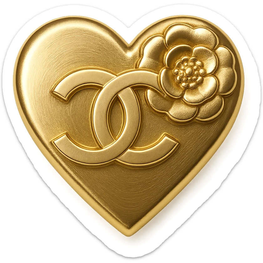 Chanel heart in metallic gold style with a black camellia flower, elegant and bold sticker