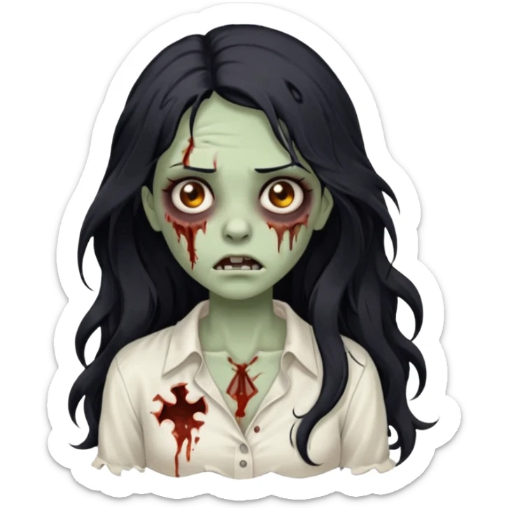 garota zumbi com cabelo preto ondulado longo blusa branca sem botões, lisa a blusa sticker