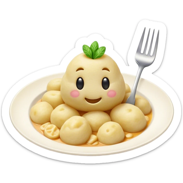 Gnocchi Cinematic Realistic Gnocchi Dish Emoji, depicted as tender potato dumplings garnished with iconic fork marks on top, rendered with soft textures and warm, inviting lighting. sticker