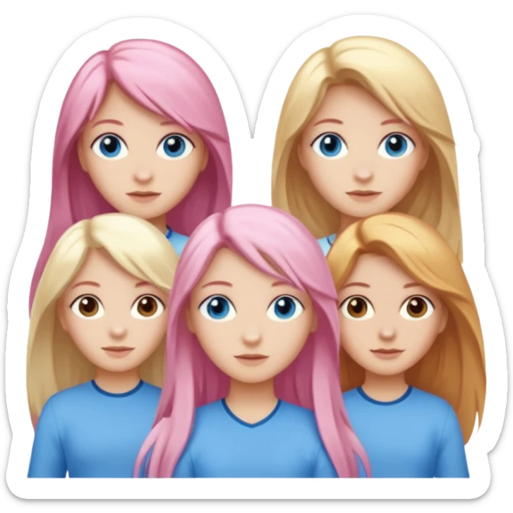 Girlfriend emoji - include 1 white girl with long light pink hair and blue eyes, 1 white girl with brown eyes and medium honey blonde hair, 1 white girl with blue eyes and light blonde hair, and 2 white girls with brown eyes and long dark brown hair sticker