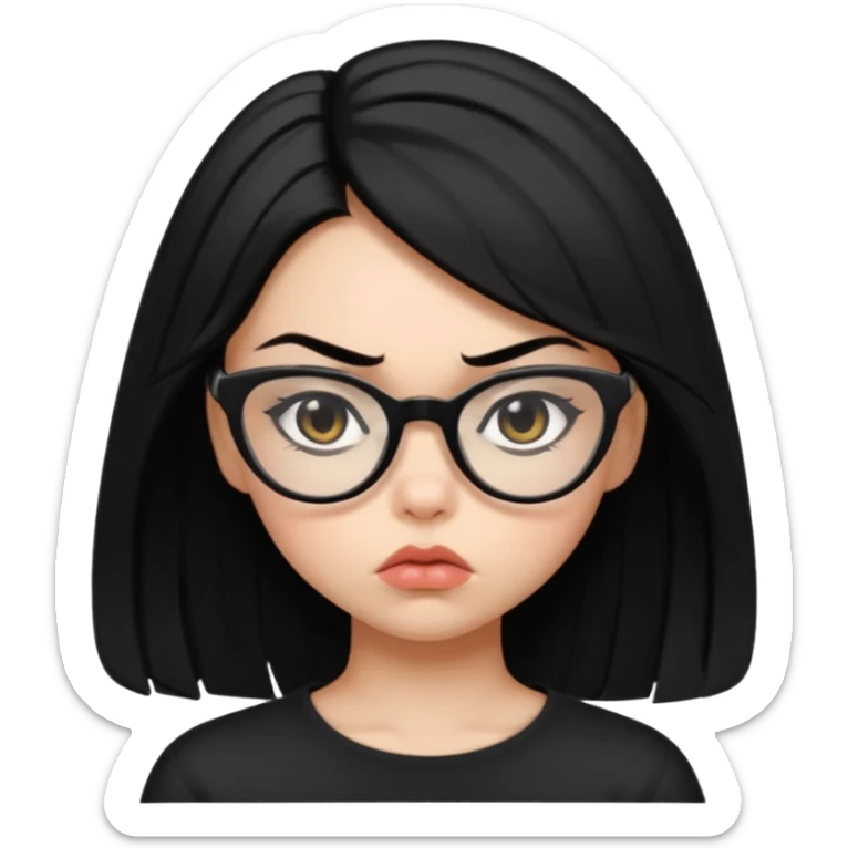 black midium length hair girl, with cateye black glasses. mad face, pouting sticker