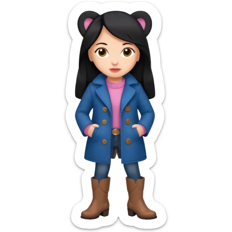 Gordita, ojos pequeños de color cafe oscuro, labios pequeños y rosados, piel trigueña, orejas pequeñas, cabello largo lazio y negro, pequeña. cuerpo completo. vestida con saco de lana jean color azul y botas color café. No le pongas orejas sticker