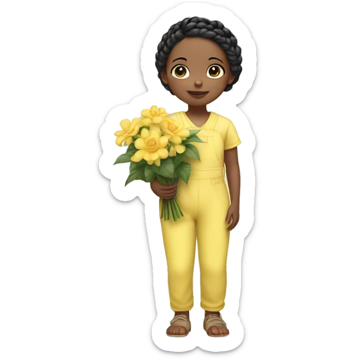 a small child with white skin and black hair in braids wearing a pastel yellow jumpsuit and carrying a flower arrangement in her hands sticker