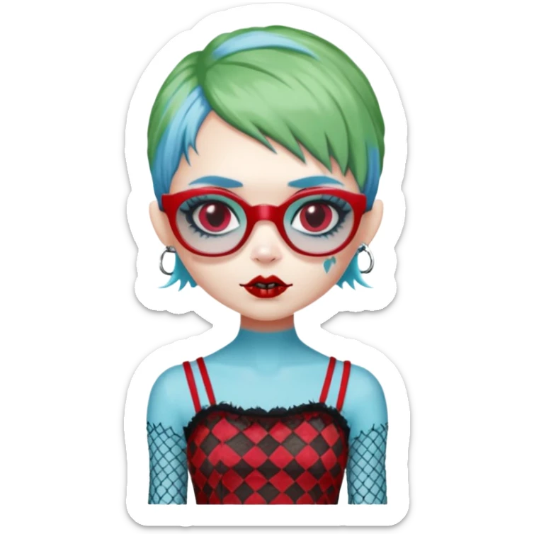 Ghoulia yelps monster high doll in scene/emo style cherry print dress with fishnet sleeves, clothes, thin, small, red, rectangle glasses, pale white-blue skin, pale-green pixie-cut, zombie scars sticker