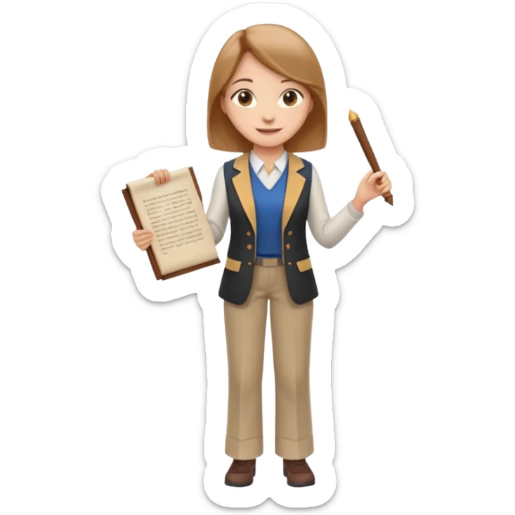 female character with light brown straight hair, academic vest and pants, smiling, standing confidently as mentor, holding scroll sticker
