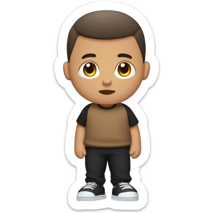 A fat Mexican kid with buzz cut mid taper fade brown shirt black shoes and black sweatspants sticker