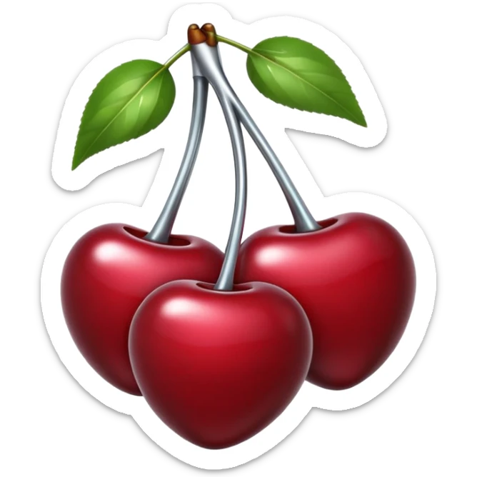 A pair of cherries emoji made of liquid silver chrome, smooth rounded shapes, glossy metallic surface, subtle sensual vibe, luxury sexy aesthetic, iOS emoji style, centered, clean white background sticker