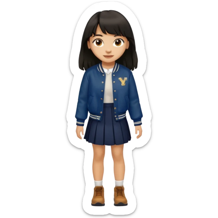 black color long hair with fringe, light skin long hair girl with brown varsity jacket and navy long skirt walking

 sticker