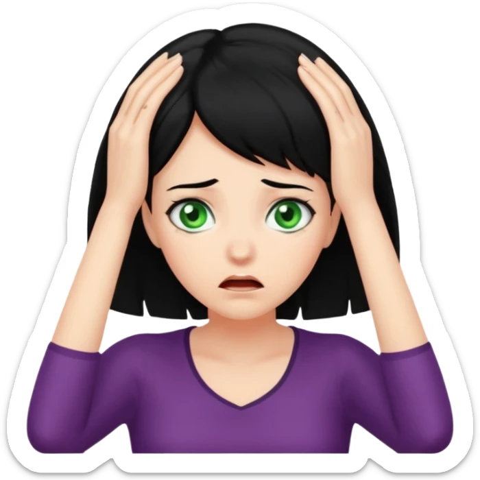 A realistic waist-up portrait of a frightened woman with her hands on her head, black hair and green eyes sticker