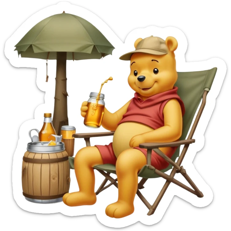 Winnie the poo drinking beers at a campsite with a jar of honey in his camp chair  sticker