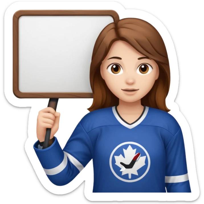 Girl hockey fan with brown long hair holding a large blank sign sticker