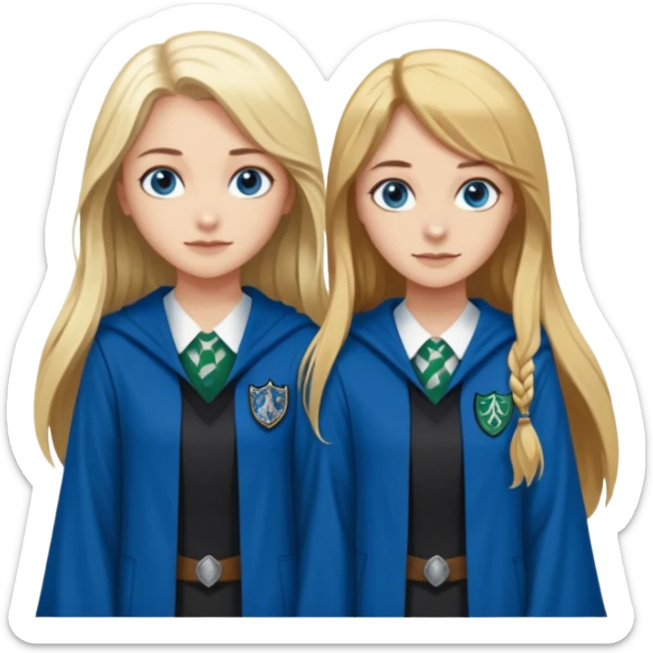 a pretty ravenclaw girl with long brown hair and blue eyes standing with a hot Slytherin girl with long blonde hair, blue eyes sticker