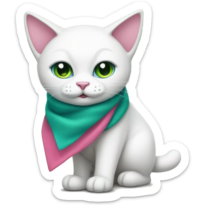 a full-length white cat with wide eyes (one is blue, the other is green), with a pink triangular scarf around her neck sticker