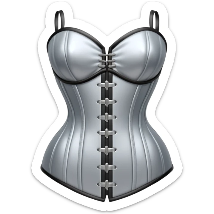 A luxury corset emoji made of silver chrome, smooth metallic curves, minimal fashion silhouette, glossy reflections, sensual high-end aesthetic, iOS emoji style, centered, clean white background sticker