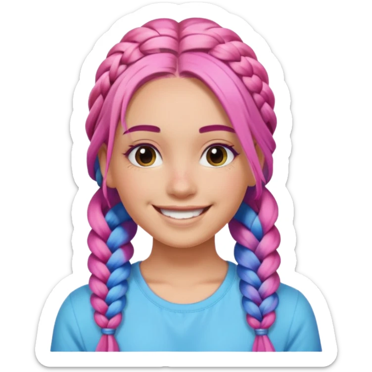 Woman with braided rainbow hair, happy — long braids fading from pink to blue sticker