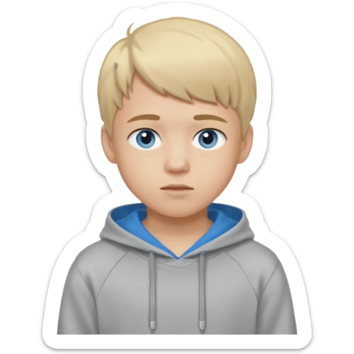 Teen boy with blue eyes and a Grey hoodie who stands up with blond short hair and short bangs sticker