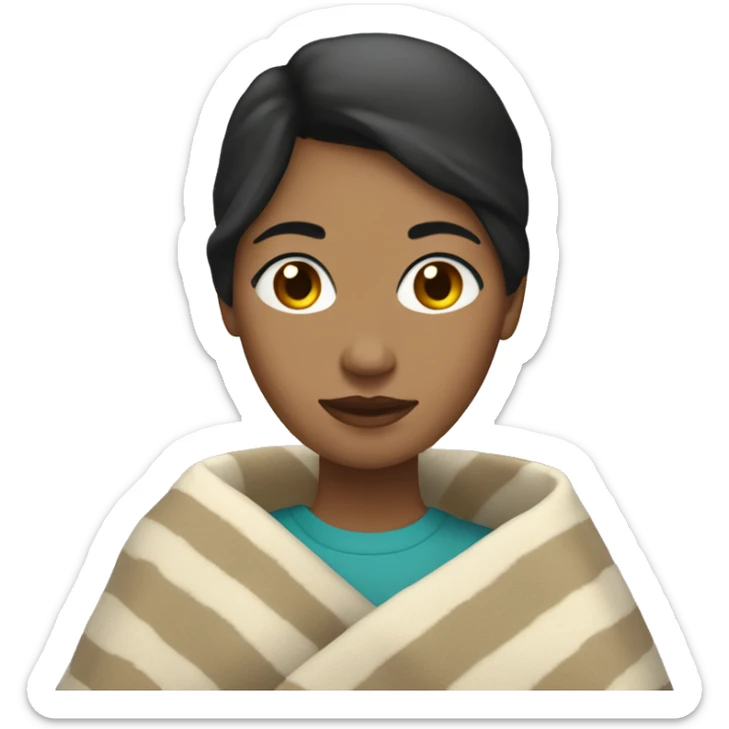 A woman with dark hair and light skin and wearing a blanket while drinking a cup of coffee  sticker