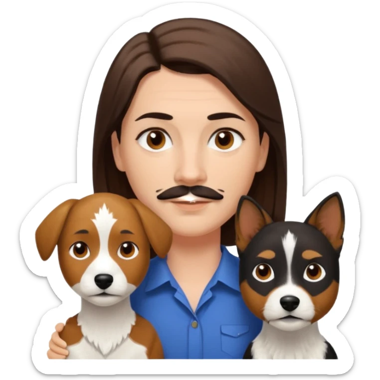 Quiero a una mujer blanca  con el pelo por el hombro lacio castaño  con un hombre de color morochito con el pelo negro y bigote, y un perro blanco Fox terrier  sticker
