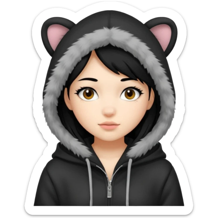 girl black hair swag with a hoodie with a furry hood  sticker