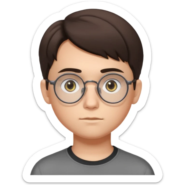 BRUNETTE teen boy with medium short middle parted hair, GREY eyes, round Glasses looking judging to the Side sticker