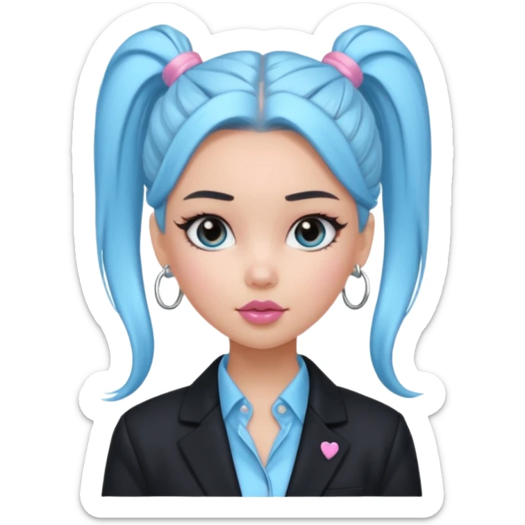 generate a pretty bratz girl wearing a light blue full sleeve shirt, silver small hoops, pink lipgloss, black blazer, hair tied up in a ponytail (black hair) sticker