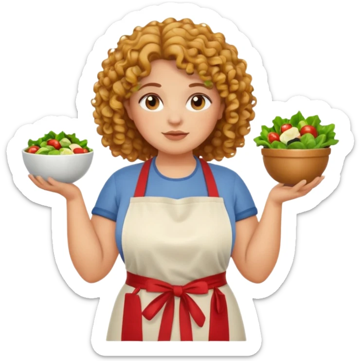 Cute emoji avatar of a plus size woman with curly hair, warm skin tone, wearing a casual kitchen apron thinking expression, holding a bowl of salad., sticker
