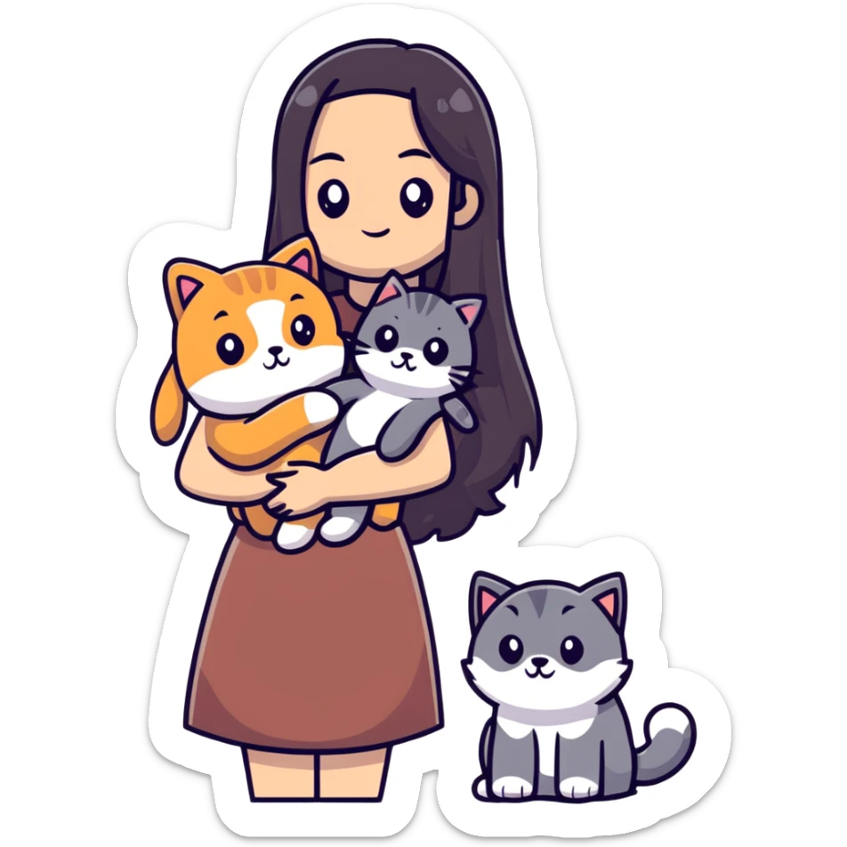 Woman with long dark hair holding pets: teddy bear, dog, and cat sticker