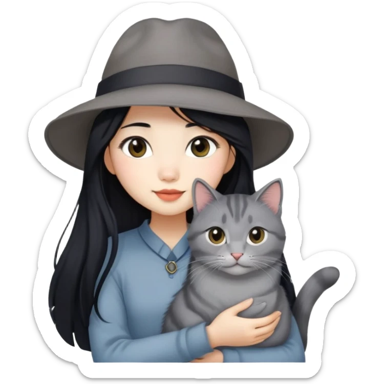An Asian girl with long black hair, a hat, and a long gray Maine cat in her arms sticker