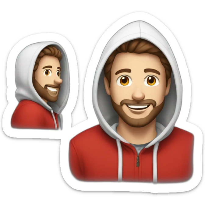 white dude smiling with a brown beard and short brown hair with a red hooded hoodie with "Posh" on the hoodie sticker