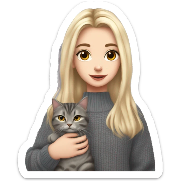 Blond chin lenght hair girl with a curtain bangs and middle part in a HEX code #cde3fd coloured sweater holding a dark grey tabby cat with white paws and face sticker