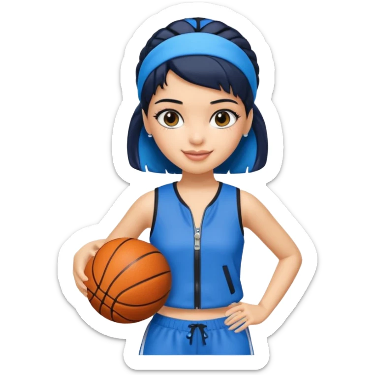 generate a pretty bratz that looks like Kajol- bollywood actress
 Wearing a blue zipper with short blackhair and a blue hairband. Carrying a basketball sticker