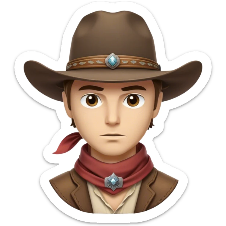 Clash of Clans aesthetic friendly Cowboy Portrait Emoji, With a rugged yet stylized build wearing a classic wide-brimmed hat and bandana, his face rendered in a natural skin tone (not yellow), determined eyes and a steely gaze, Simplified yet dynamic features, highly detailed, glowing with a warm, sunlit frontier radiance, high shine, brave and spirited, stylized with an air of Wild West heroism, focused and ready, soft glowing outline, capturing the essence of a fearless cowboy adventurer ready to ride into epic quests! sticker