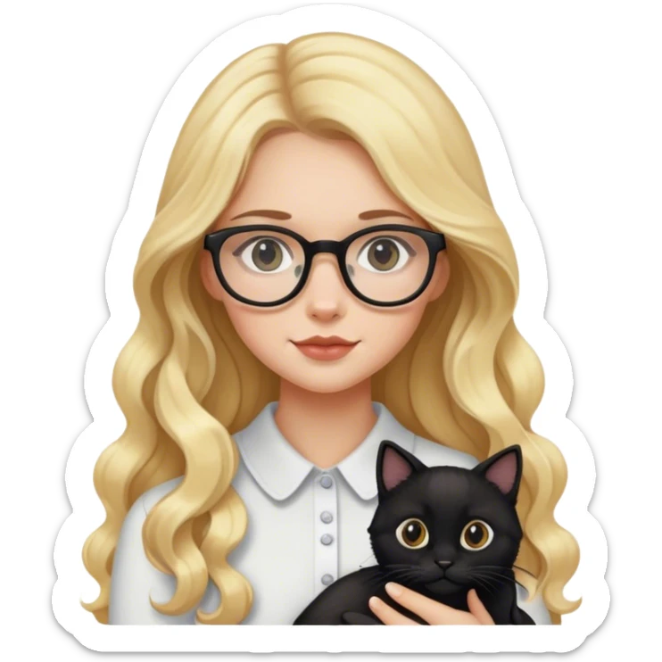 Blonde girl with glasses and long wavy hair holding a black cat  sticker