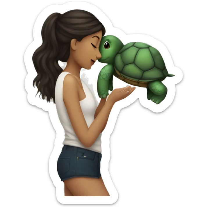 A white girl with dark hair kisses a little turtle sticker