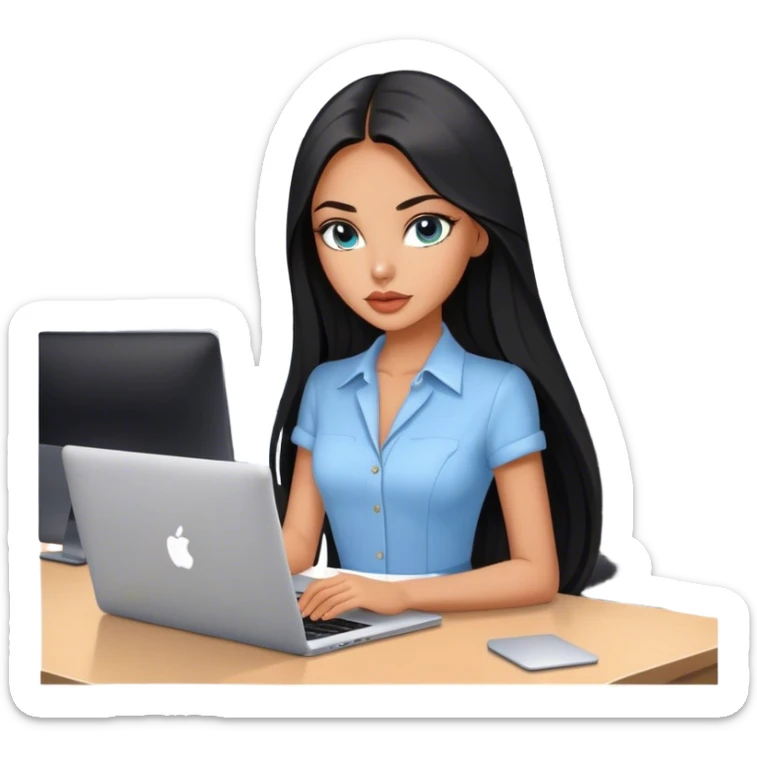 Glamours tanned very beautiful girl with pump peach nude lips and black straight smooth long hair, blue-grey eyes in beautiful clothing with MacBook in the office sticker