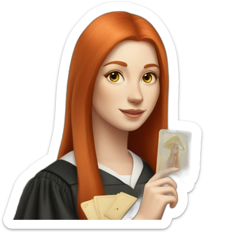 redhead white woman medium long straight hair, celebrating graduation with tarot cards sticker