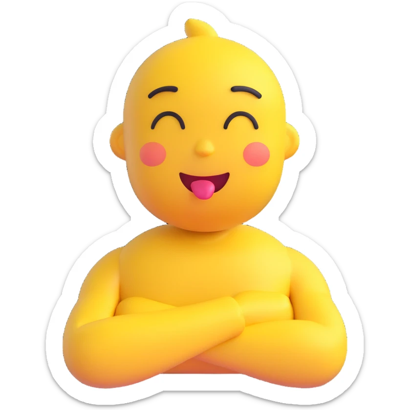 yellow emoji with arms crossed, holding neck, closed eyes, tongue out sticker