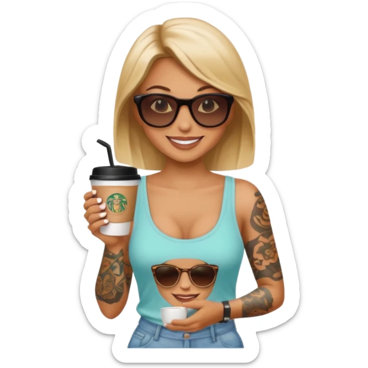 gözlük takan, dövmeli ve elinde kahve tutan, yaz kıyafetli bir kadın sticker