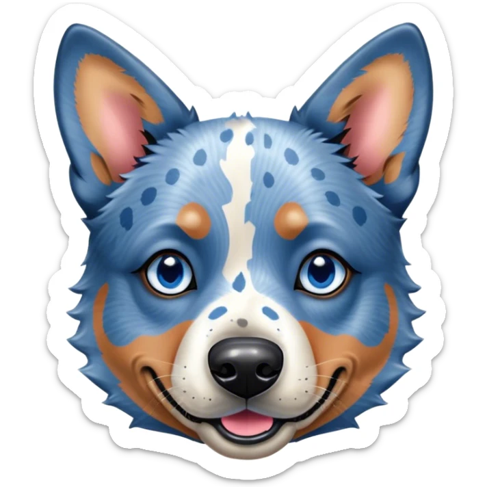 Cinematic Cute Blue Speckle Australian Cattle Dog Portrait Emoji, Head tilted playfully and inquisitively, featuring a vibrant blue speckle Fur with dynamic patterns, round, sparkling blue eyes filled with curiosity, Simplified yet irresistibly adorable features, highly detailed, glowing with a warm, friendly glow, high shine, affectionate and energetic, stylized with a touch of whimsy, bright and endearing, soft glowing outline, capturing the essence of a mischievous yet loving pup, so playful it feels like it could bound out of the screen and into your arms! sticker