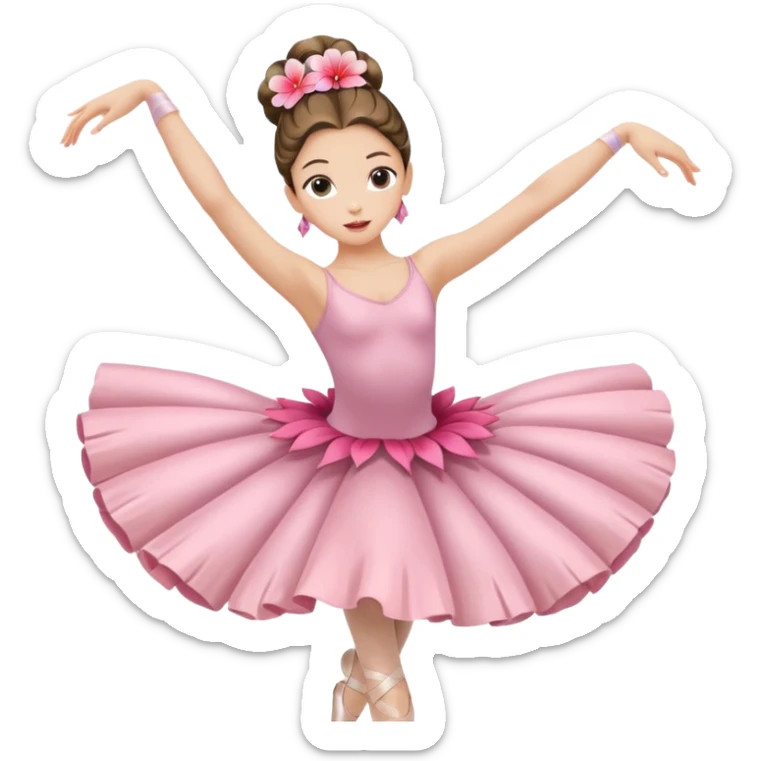 girl with a large Hawaiian flower in her hair, wearing ballet pointe shoes, doing ballet with a bag sticker