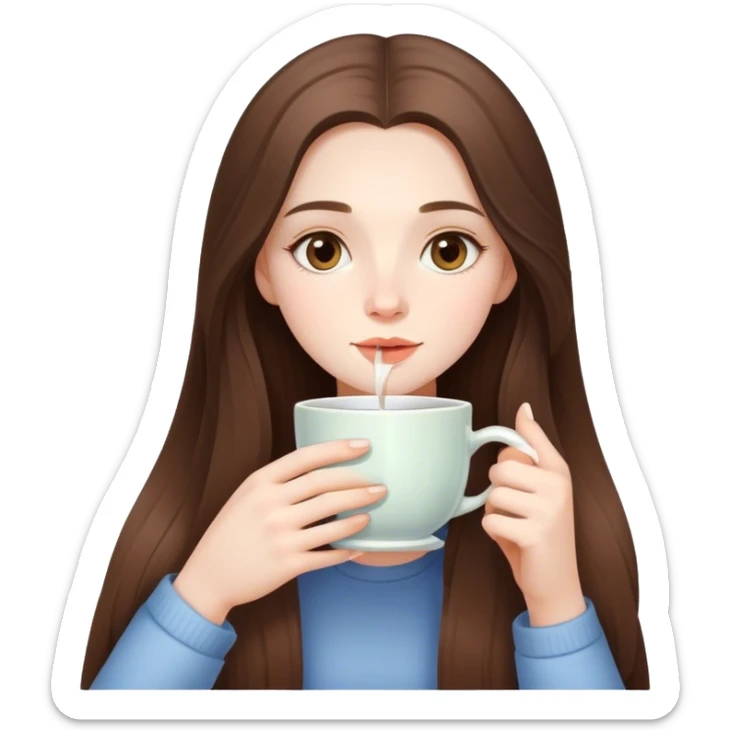  beautiful pale brunette girl with long hair drinking tea from a big cup sticker