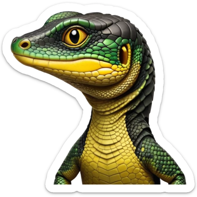cinematic-realistic-cute-monitor-lizard-portrait-emoji,-head-tilted-playfully-and-inquisitively,-featuring-a-compact,-agile-body-with-finely-detailed,-glossy-scales-in-earthy-black and yellow-hues-and-a-distinct,-alert-face-with-bright,-curious-eyes, black , yellow spotted and green band  scales and a slender neck sticker