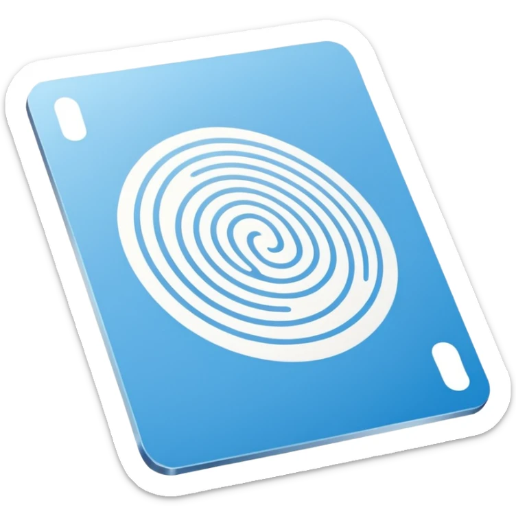 Minimalist blue Telegram channel icon of a card back. The card is face down, slightly tilted. A single, elegant fingerprint spiral is centered on the card back, symbolizing identity and unique associations. Monochromatic blue and white. Clean, flat design. sticker