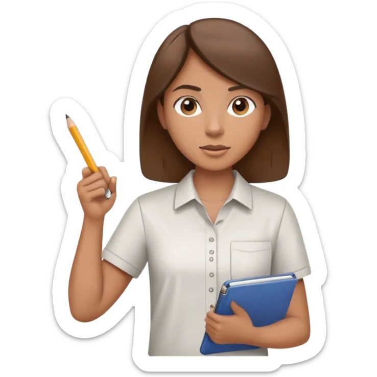 Intern or volunteer with brown hair holding a clipboard and pencil, ready to take notes or assist. The character wears a simple shirt and has an eager posture sticker