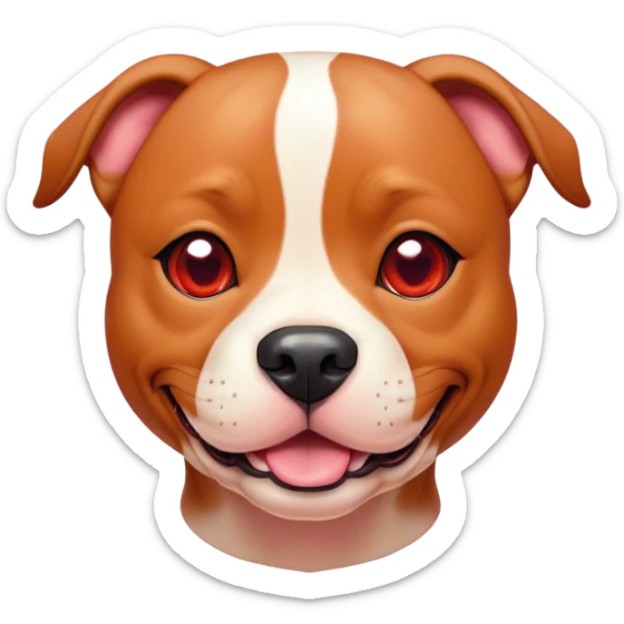 Cinematic Cute Red/Fawn Staffordshire Bull Terrier Portrait Emoji, Head tilted playfully and inquisitively, featuring a glossy red/fawn Fur with a vibrant sheen and delicate white accents, round, sparkling dark eyes filled with curiosity, Simplified yet irresistibly adorable features, highly detailed, glowing with a warm, friendly glow, high shine, affectionate and spirited, stylized with a touch of whimsy, bright and endearing, soft glowing outline, capturing the essence of a mischievous yet loving pup, so playful it feels like it could bound out of the screen and into your arms! sticker