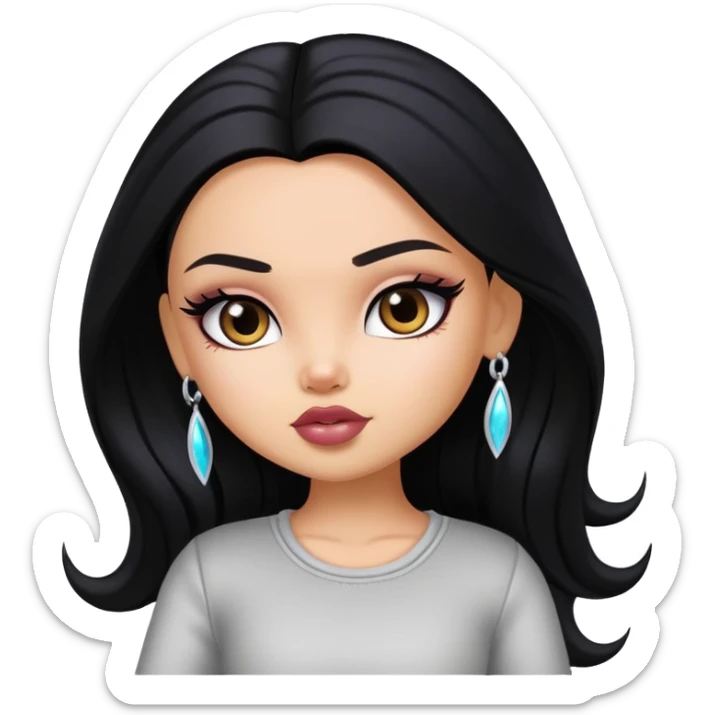 pretty bratz baddie, straight long hair, light skin, dark black hair sticker